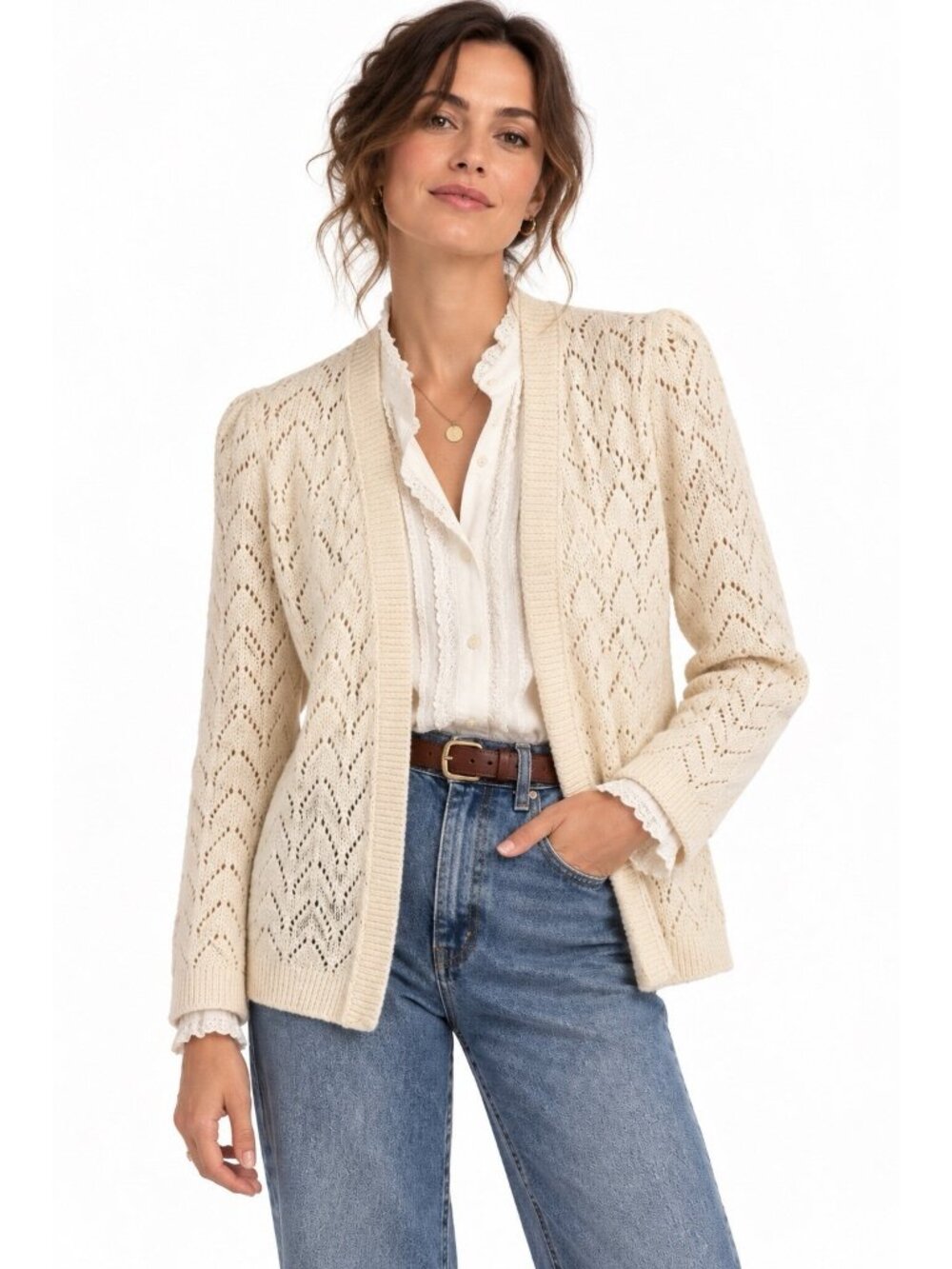 vintage 70s ST JOHN KNITS cardigan sweater ivory pointelle XS cottagecore